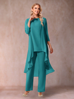 Chiffon Scoop 3/4 Sleeves 3 Pieces Pantsuits with Ruched & Jacket