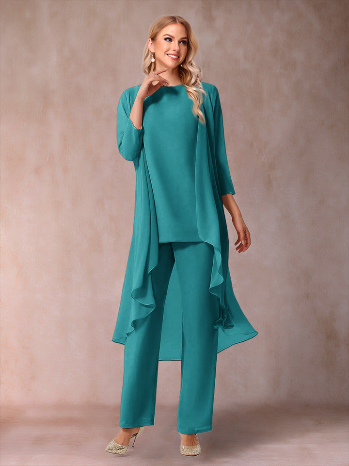 Chiffon Scoop 3/4 Sleeves 3 Pieces Pantsuits with Ruched &amp; Jacket