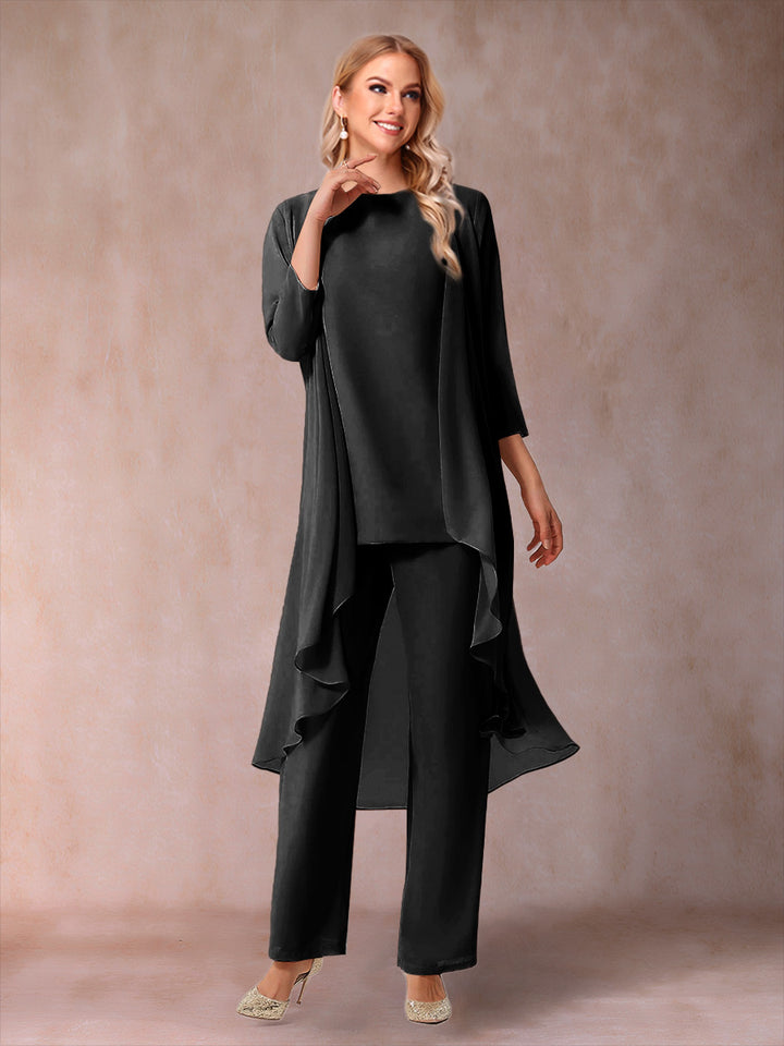 Chiffon Scoop 3/4 Sleeves 3 Pieces Pantsuits with Ruched &amp; Jacket
