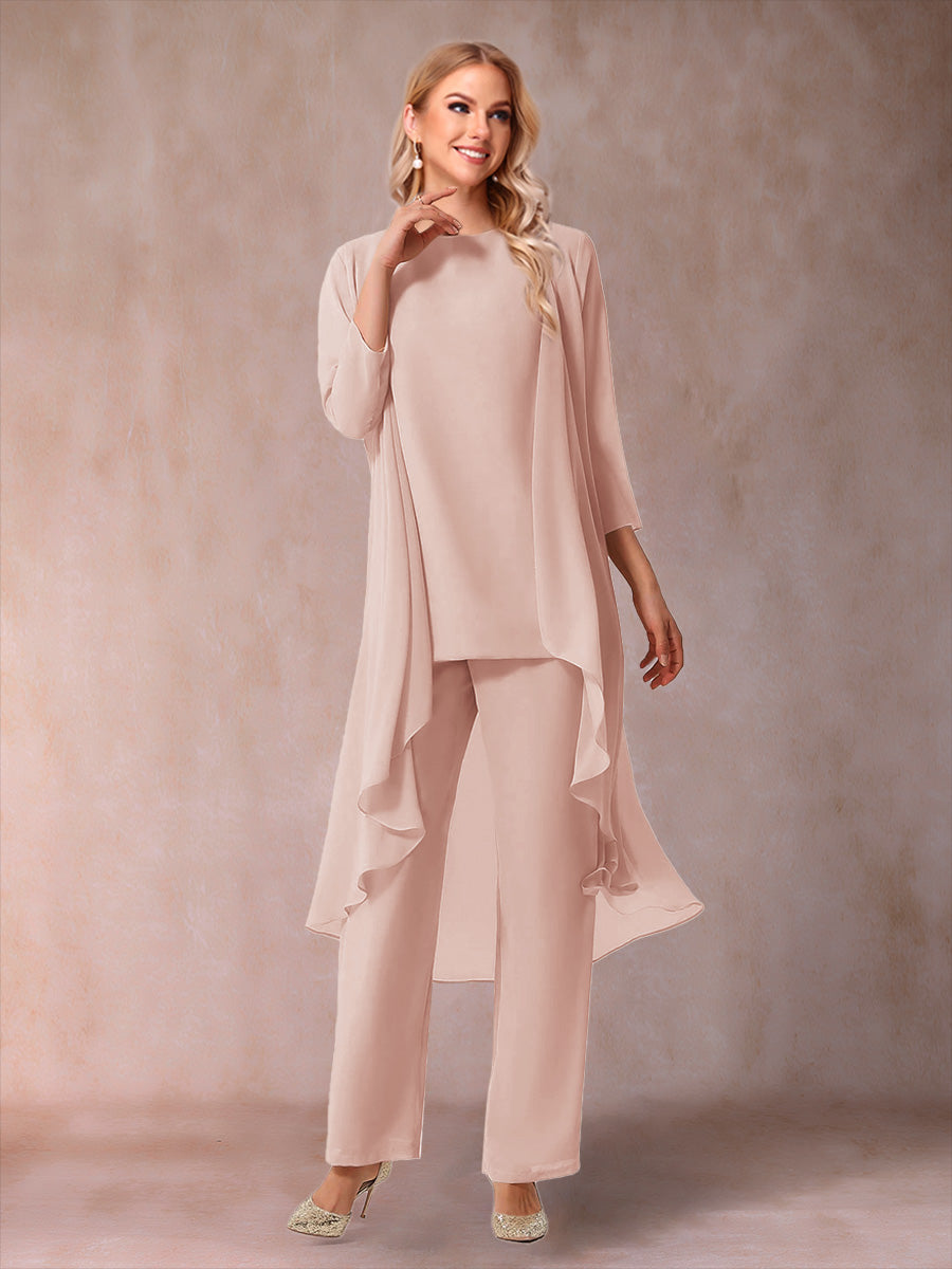 Chiffon Scoop 3/4 Sleeves 3 Pieces Pantsuits with Ruched &amp; Jacket