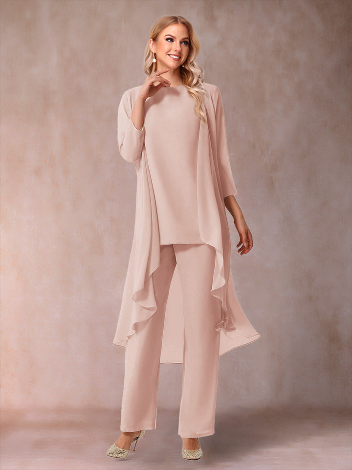 Chiffon Scoop 3/4 Sleeves 3 Pieces Pantsuits with Ruched &amp; Jacket