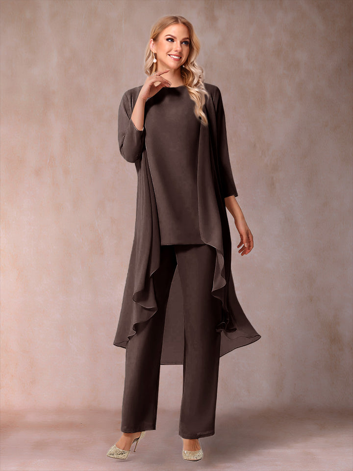 Chiffon Scoop 3/4 Sleeves 3 Pieces Pantsuits with Ruched &amp; Jacket