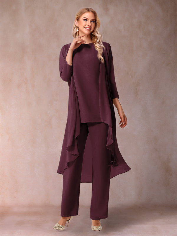 Chiffon Scoop 3/4 Sleeves 3 Pieces Pantsuits with Ruched & Jacket