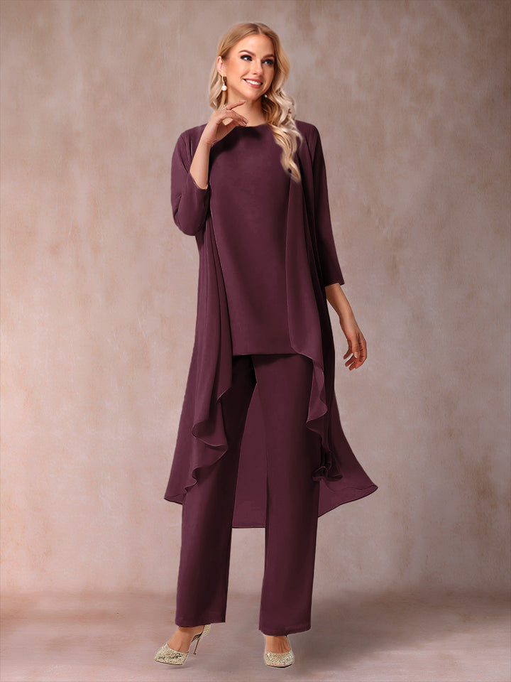 Chiffon Scoop 3/4 Sleeves 3 Pieces Pantsuits with Ruched &amp; Jacket