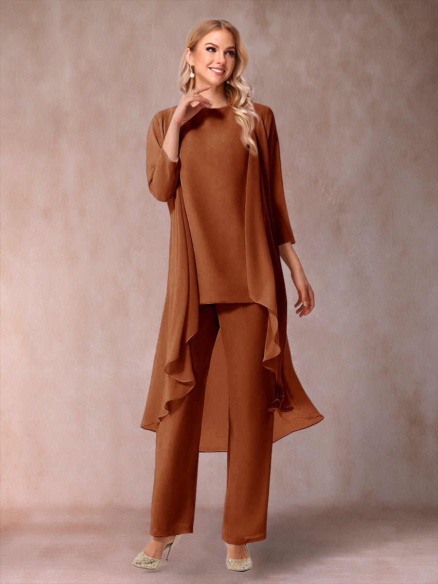 Chiffon Scoop 3/4 Sleeves 3 Pieces Pantsuits with Ruched &amp; Jacket