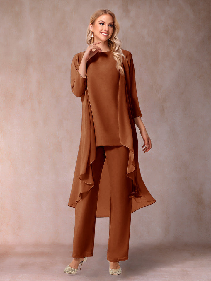 Chiffon Scoop 3/4 Sleeves 3 Pieces Pantsuits with Ruched &amp; Jacket