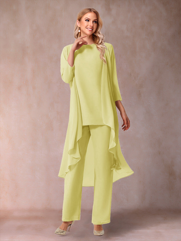 Chiffon Scoop 3/4 Sleeves 3 Pieces Pantsuits with Ruched &amp; Jacket