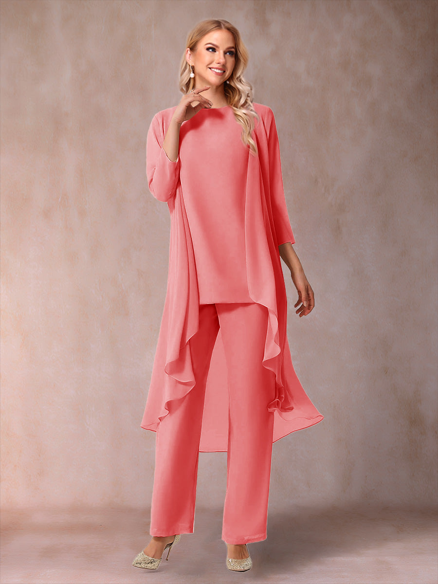 Chiffon Scoop 3/4 Sleeves 3 Pieces Pantsuits with Ruched &amp; Jacket