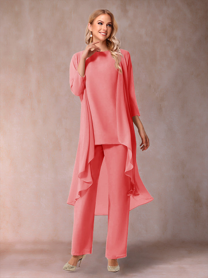 Chiffon Scoop 3/4 Sleeves 3 Pieces Pantsuits with Ruched &amp; Jacket