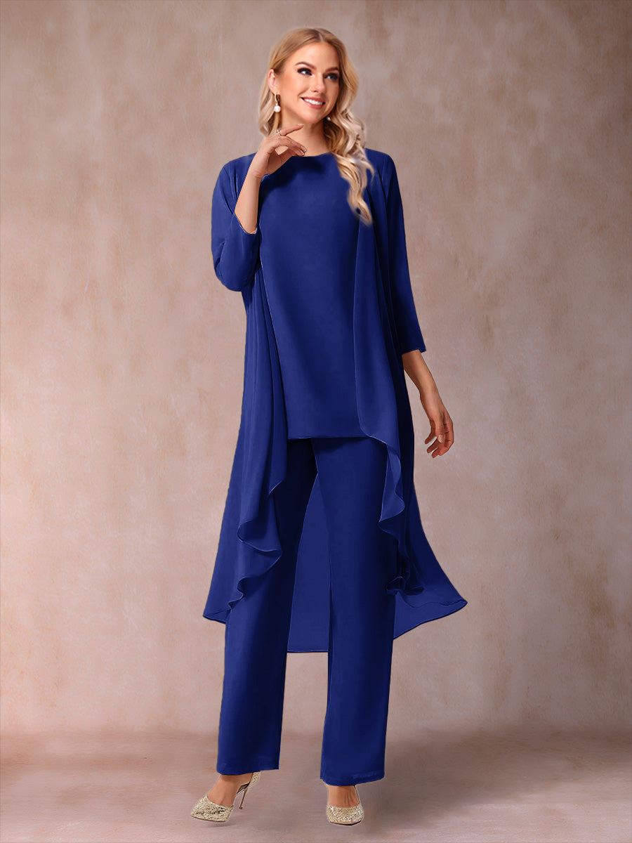 Chiffon Scoop 3/4 Sleeves 3 Pieces Pantsuits with Ruched &amp; Jacket