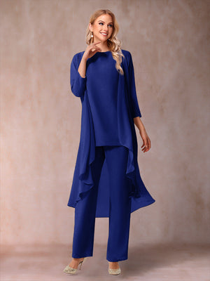 Chiffon Scoop 3/4 Sleeves 3 Pieces Pantsuits with Ruched & Jacket