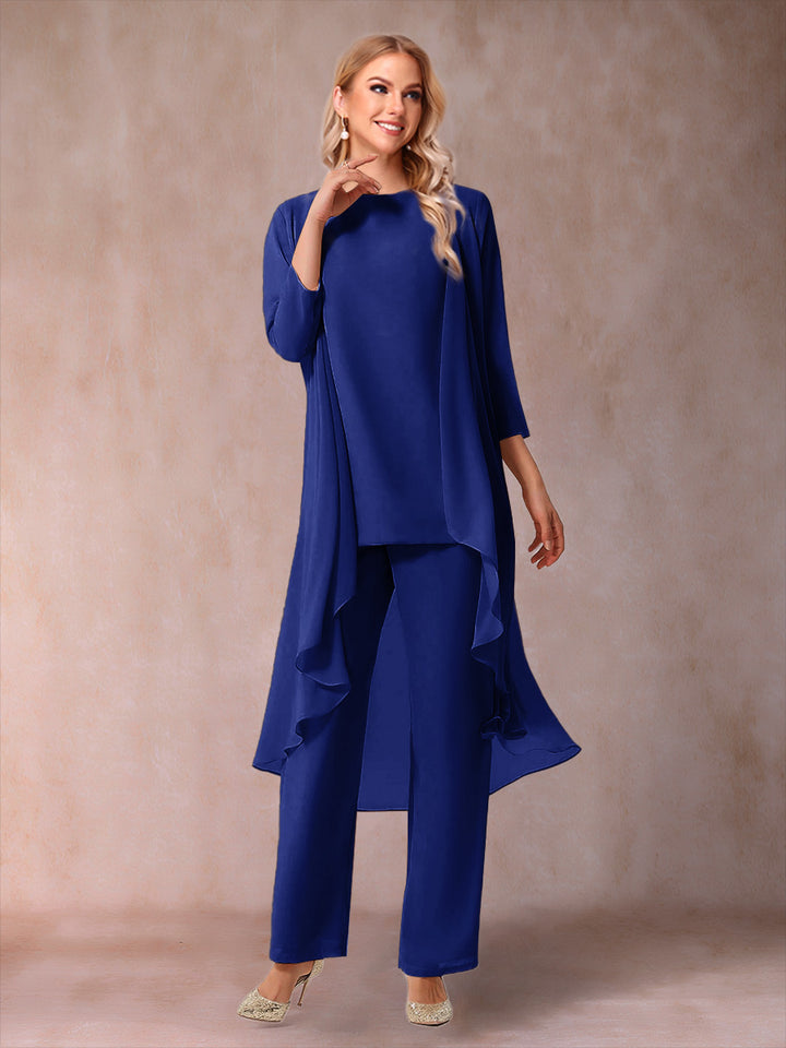 Chiffon Scoop 3/4 Sleeves 3 Pieces Pantsuits with Ruched &amp; Jacket