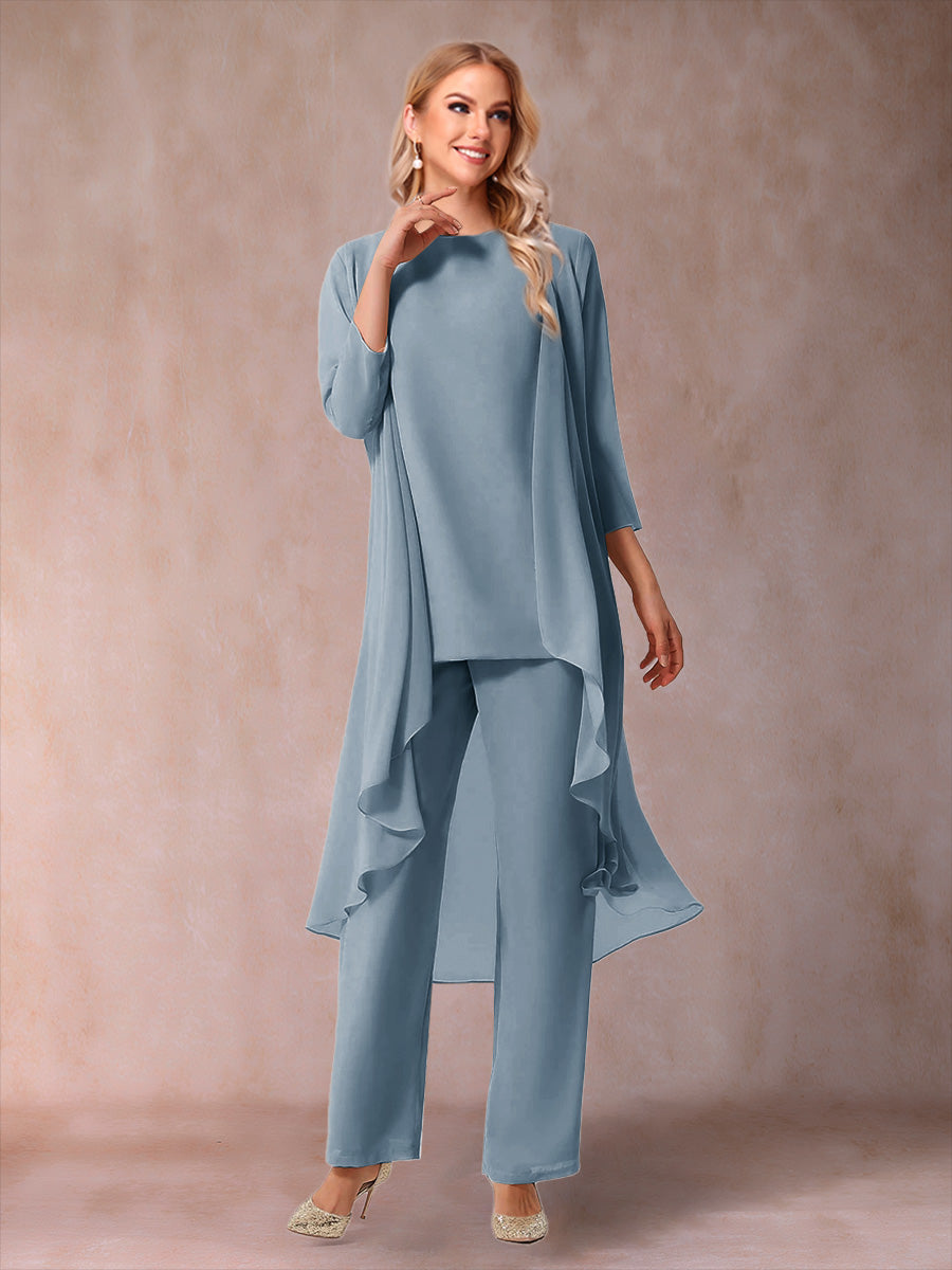 Chiffon Scoop 3/4 Sleeves 3 Pieces Pantsuits with Ruched &amp; Jacket