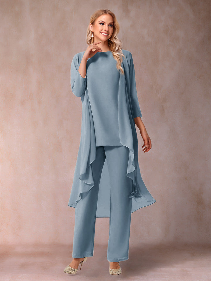 Chiffon Scoop 3/4 Sleeves 3 Pieces Pantsuits with Ruched &amp; Jacket