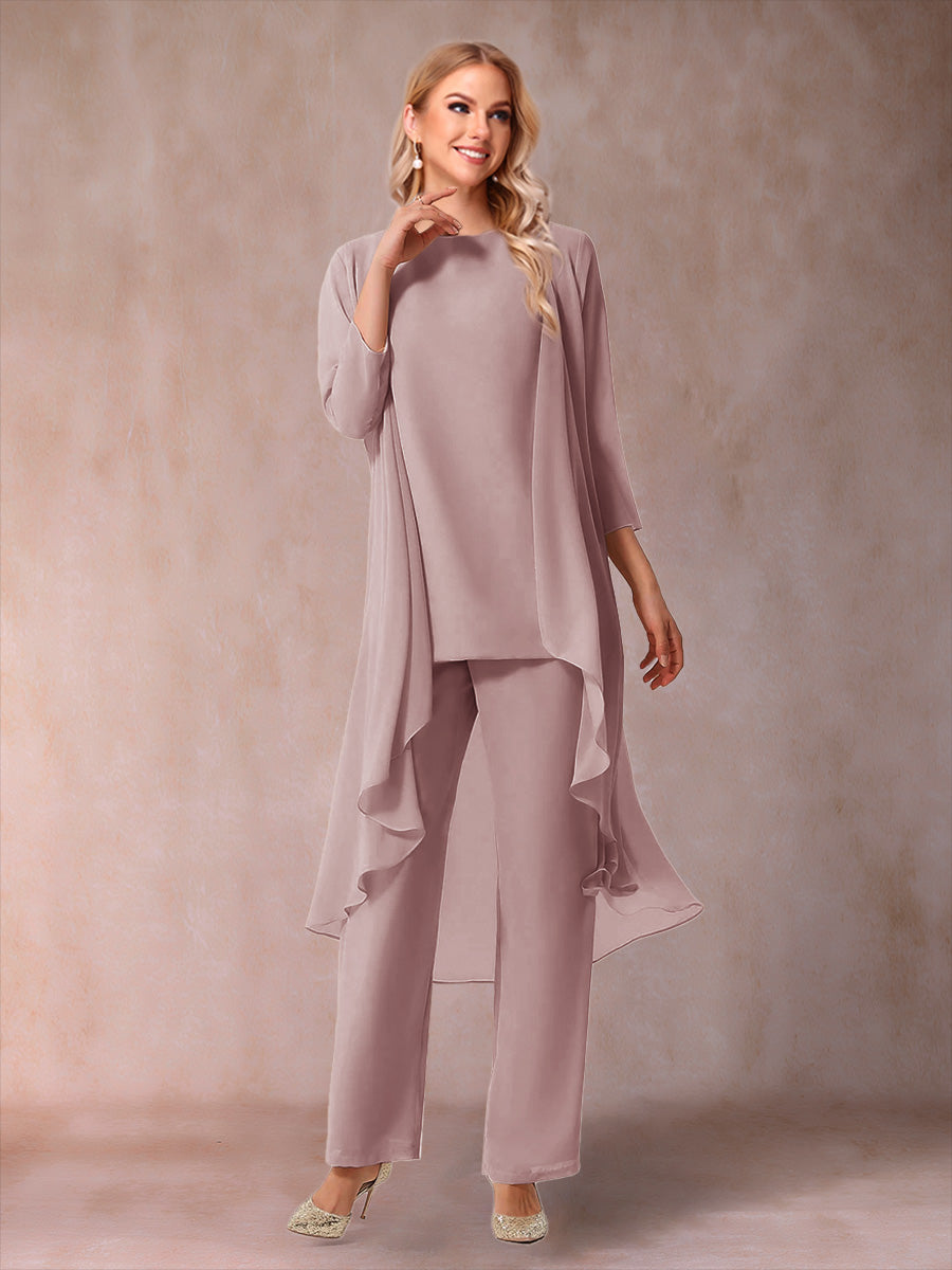 Chiffon Scoop 3/4 Sleeves 3 Pieces Pantsuits with Ruched &amp; Jacket