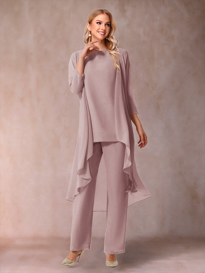 Chiffon Scoop 3/4 Sleeves 3 Pieces Pantsuits with Ruched &amp; Jacket