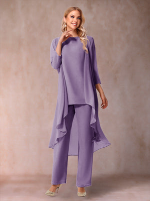 Chiffon Scoop 3/4 Sleeves 3 Pieces Pantsuits with Ruched & Jacket