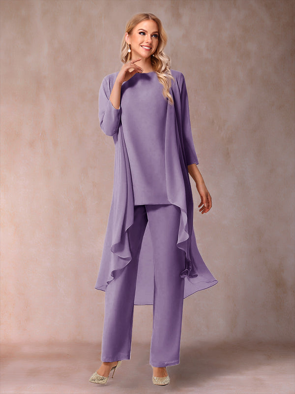 Chiffon Scoop 3/4 Sleeves 3 Pieces Pantsuits with Ruched & Jacket