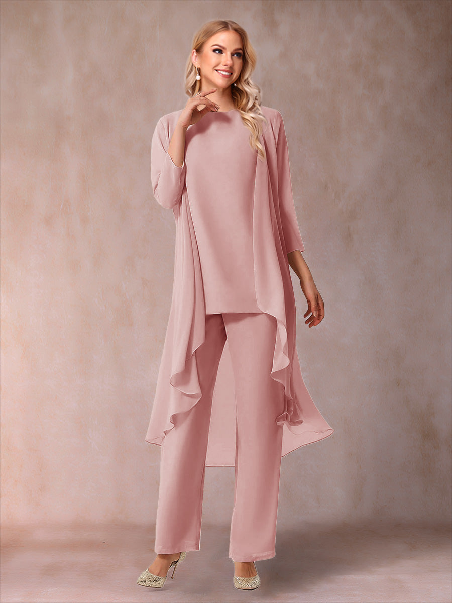 Chiffon Scoop 3/4 Sleeves 3 Pieces Pantsuits with Ruched &amp; Jacket
