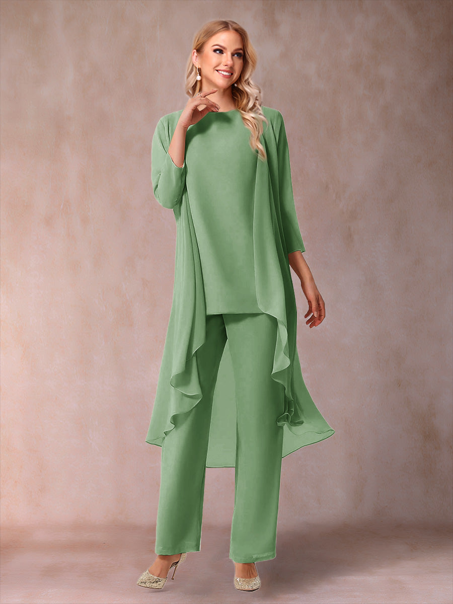 Chiffon Scoop 3/4 Sleeves 3 Pieces Pantsuits with Ruched &amp; Jacket