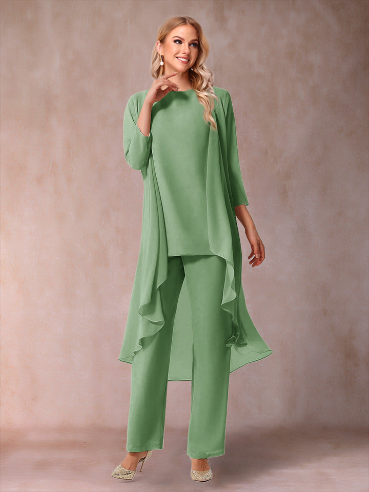 Chiffon Scoop 3/4 Sleeves 3 Pieces Pantsuits with Ruched &amp; Jacket