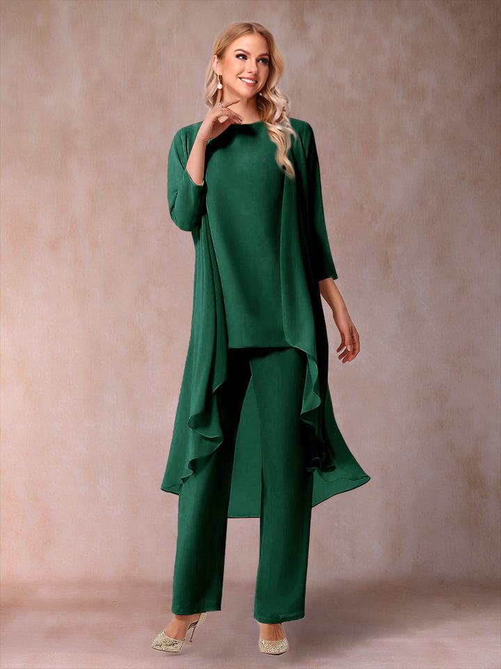 Chiffon Scoop 3/4 Sleeves 3 Pieces Pantsuits with Ruched &amp; Jacket