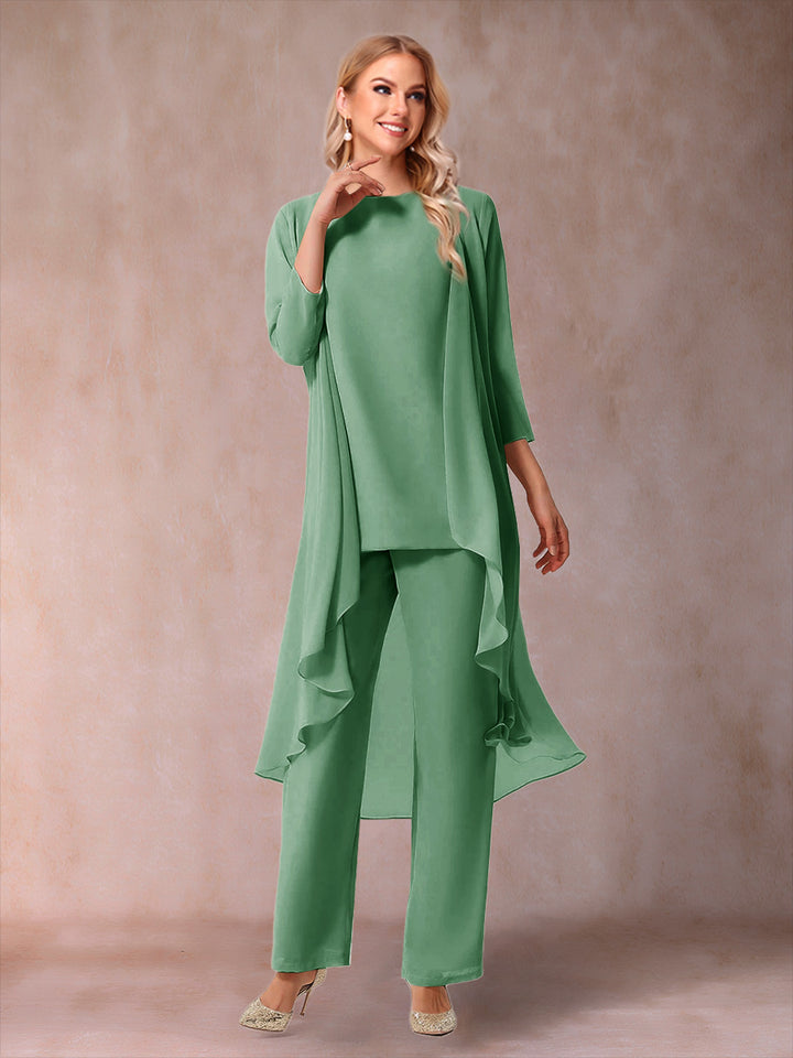 Chiffon Scoop 3/4 Sleeves 3 Pieces Pantsuits with Ruched &amp; Jacket