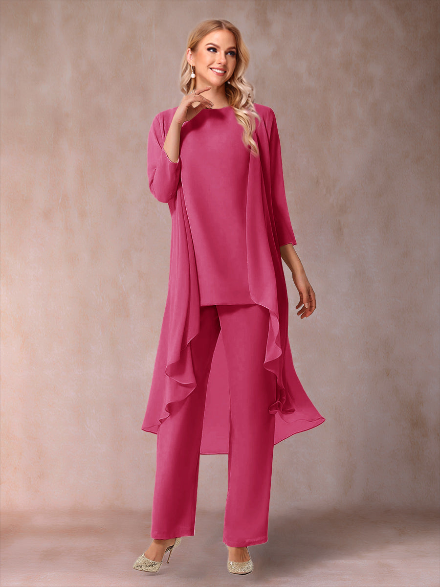 Chiffon Scoop 3/4 Sleeves 3 Pieces Pantsuits with Ruched &amp; Jacket