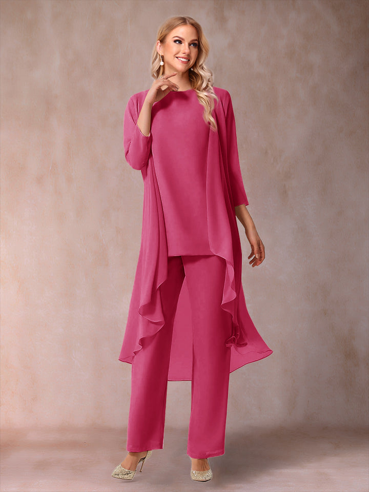 Chiffon Scoop 3/4 Sleeves 3 Pieces Pantsuits with Ruched &amp; Jacket