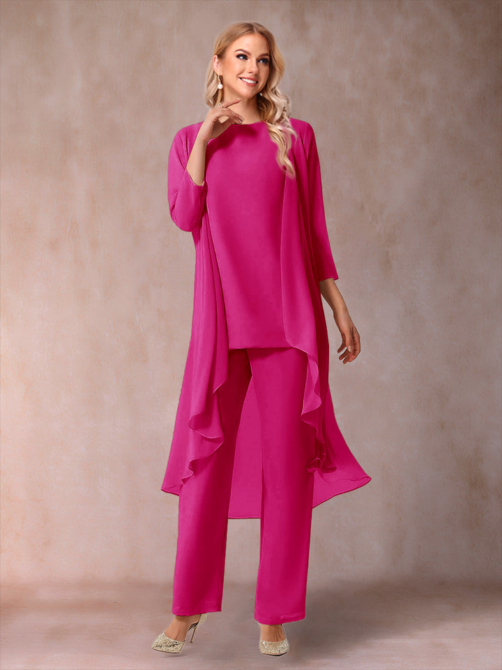 Chiffon Scoop 3/4 Sleeves 3 Pieces Pantsuits with Ruched &amp; Jacket