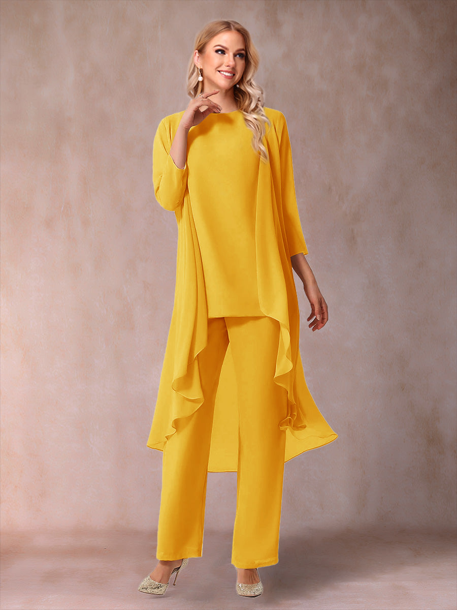 Chiffon Scoop 3/4 Sleeves 3 Pieces Pantsuits with Ruched &amp; Jacket