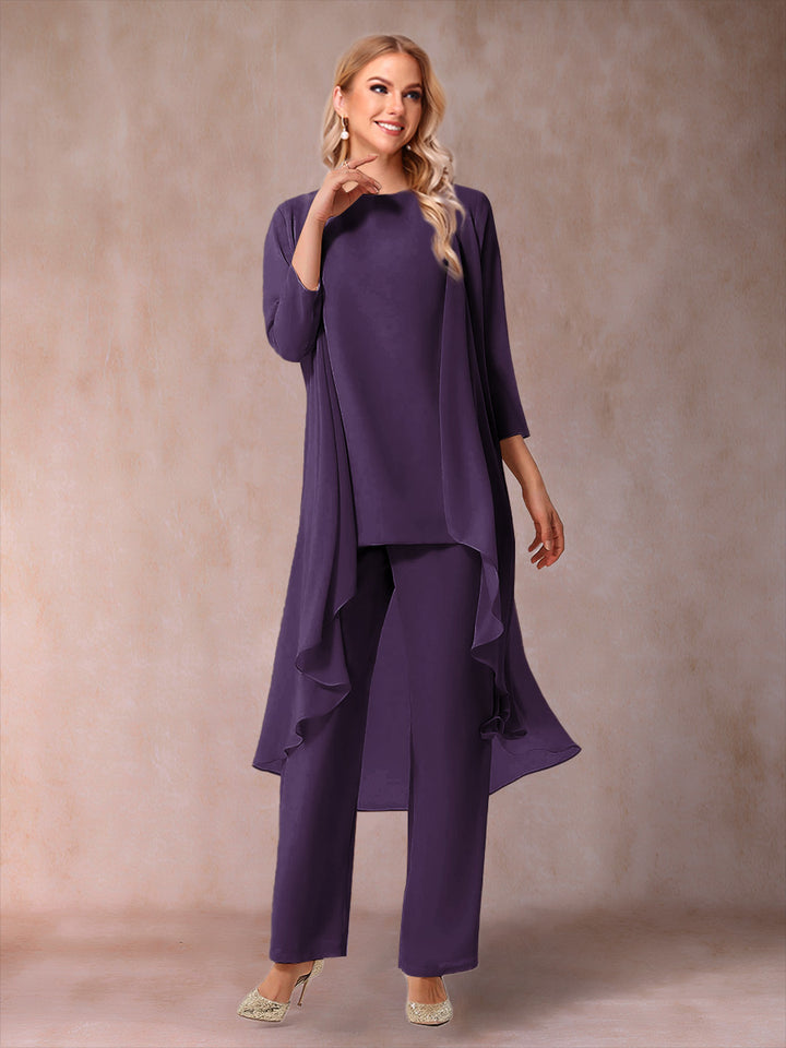 Chiffon Scoop 3/4 Sleeves 3 Pieces Pantsuits with Ruched &amp; Jacket