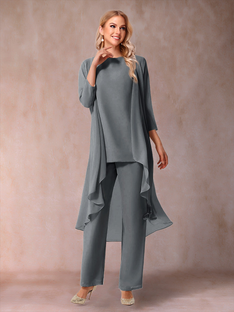 Chiffon Scoop 3/4 Sleeves 3 Pieces Pantsuits with Ruched &amp; Jacket