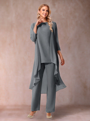 Chiffon Scoop 3/4 Sleeves 3 Pieces Pantsuits with Ruched & Jacket