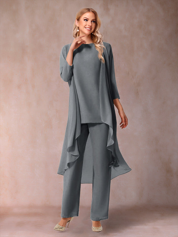 Chiffon Scoop 3/4 Sleeves 3 Pieces Pantsuits with Ruched & Jacket