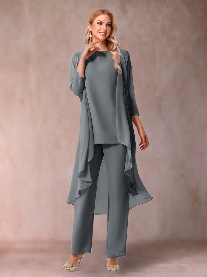 Chiffon Scoop 3/4 Sleeves 3 Pieces Pantsuits with Ruched &amp; Jacket