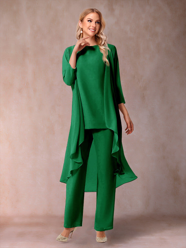Chiffon Scoop 3/4 Sleeves 3 Pieces Pantsuits with Ruched & Jacket
