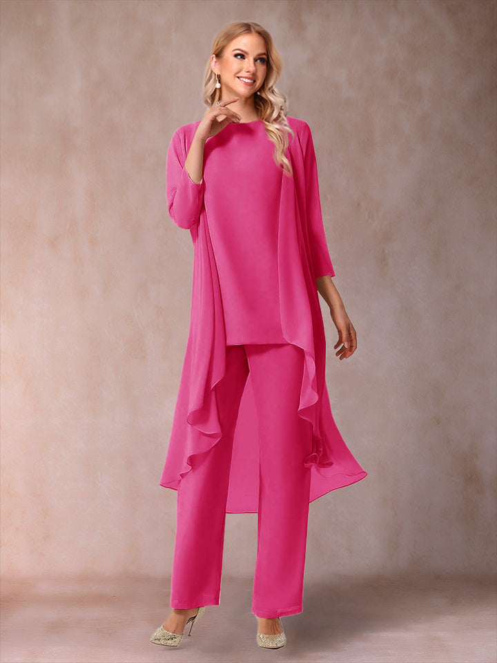 Chiffon Scoop 3/4 Sleeves 3 Pieces Pantsuits with Ruched &amp; Jacket