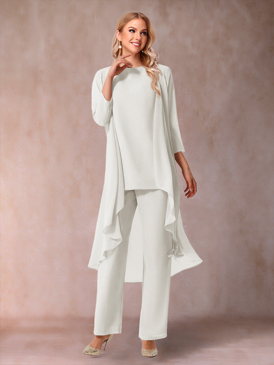 Chiffon Scoop 3/4 Sleeves 3 Pieces Pantsuits with Ruched &amp; Jacket