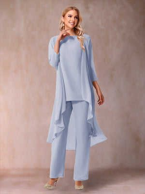 Chiffon Scoop 3/4 Sleeves 3 Pieces Pantsuits with Ruched & Jacket