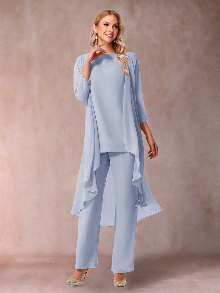 Chiffon Scoop 3/4 Sleeves 3 Pieces Pantsuits with Ruched &amp; Jacket