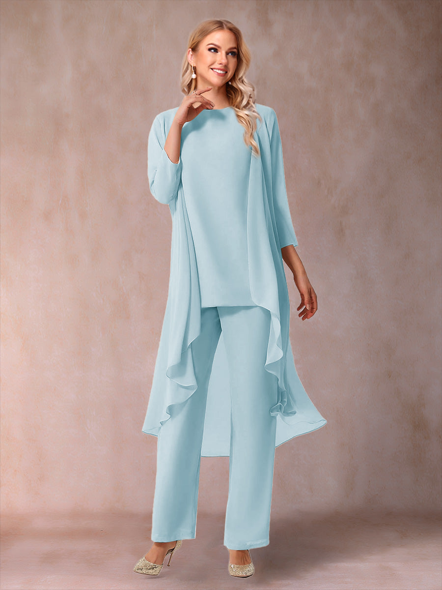 Chiffon Scoop 3/4 Sleeves 3 Pieces Pantsuits with Ruched &amp; Jacket