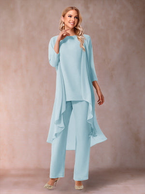 Chiffon Scoop 3/4 Sleeves 3 Pieces Pantsuits with Ruched & Jacket
