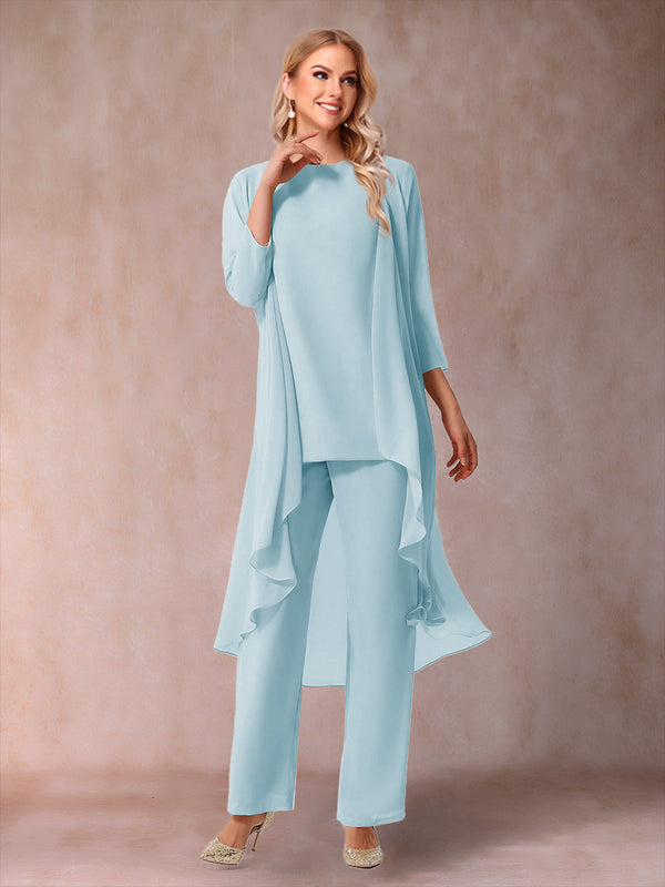 Chiffon Scoop 3/4 Sleeves 3 Pieces Pantsuits with Ruched & Jacket