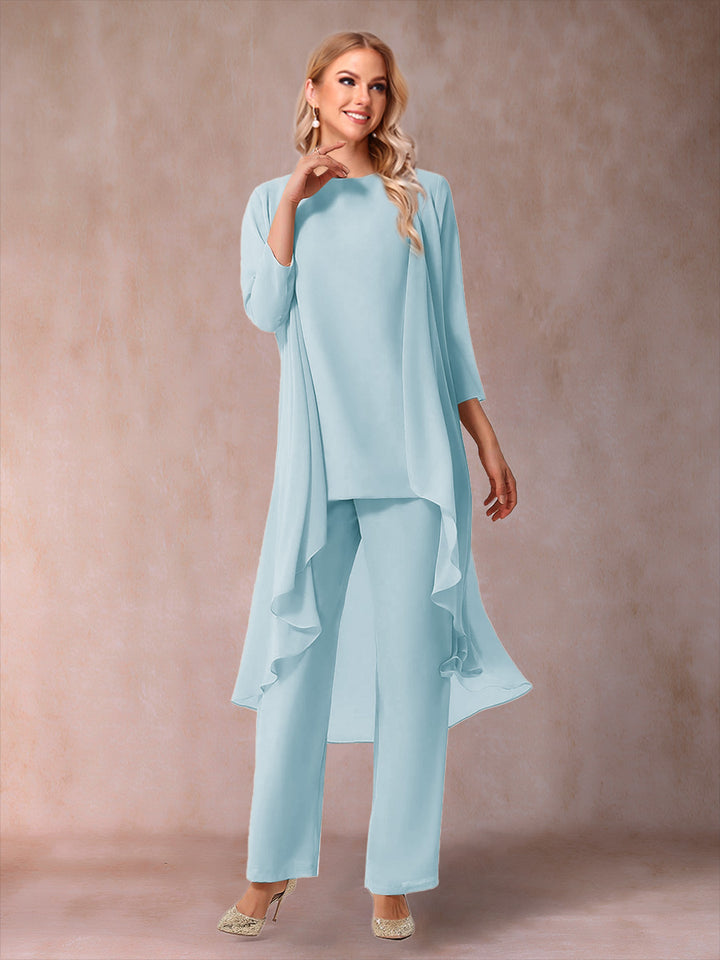 Chiffon Scoop 3/4 Sleeves 3 Pieces Pantsuits with Ruched &amp; Jacket