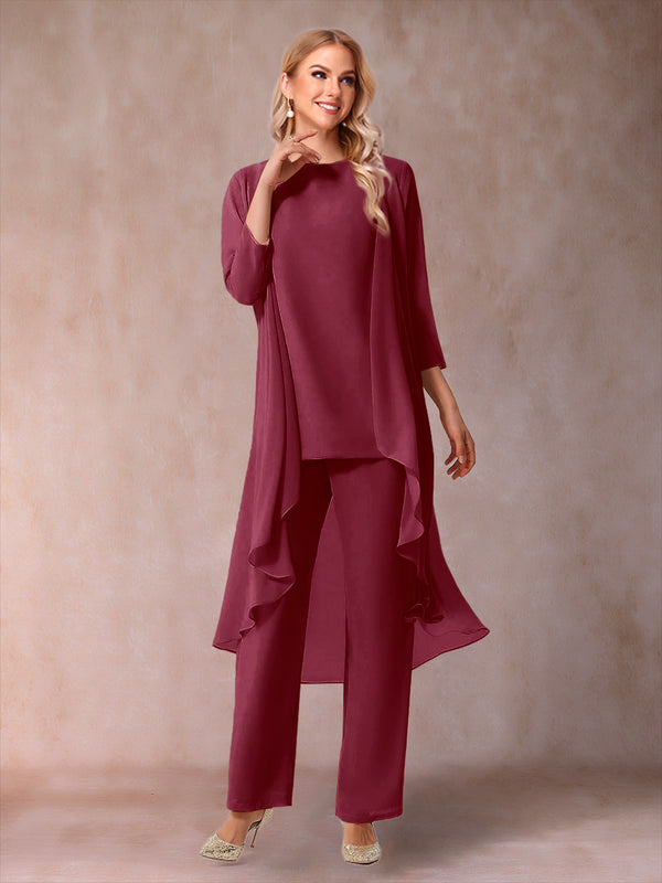 Chiffon Scoop 3/4 Sleeves 3 Pieces Pantsuits with Ruched & Jacket