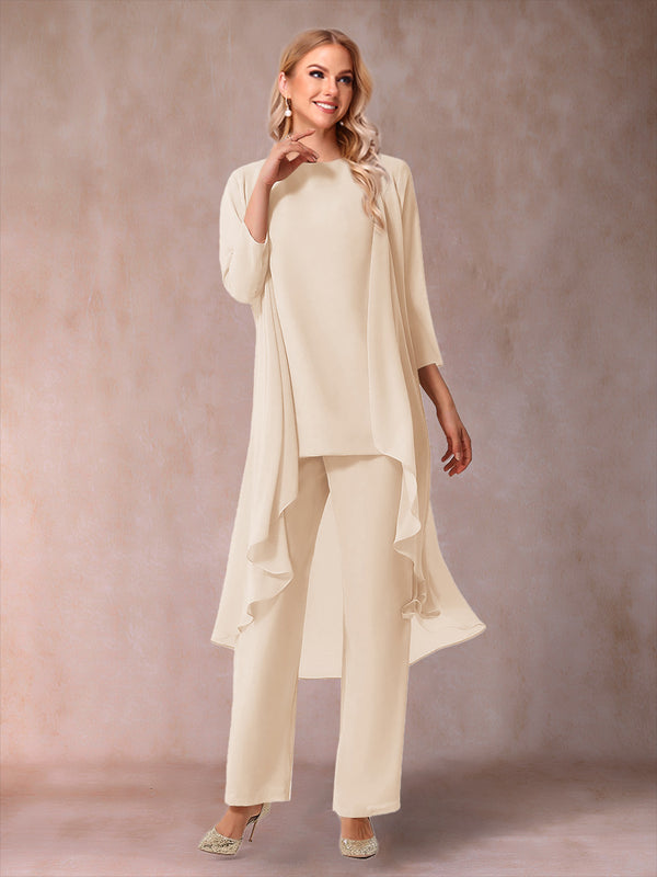 Chiffon Scoop 3/4 Sleeves 3 Pieces Pantsuits with Ruched & Jacket