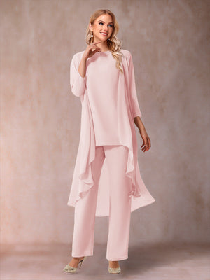 Chiffon Scoop 3/4 Sleeves 3 Pieces Pantsuits with Ruched & Jacket
