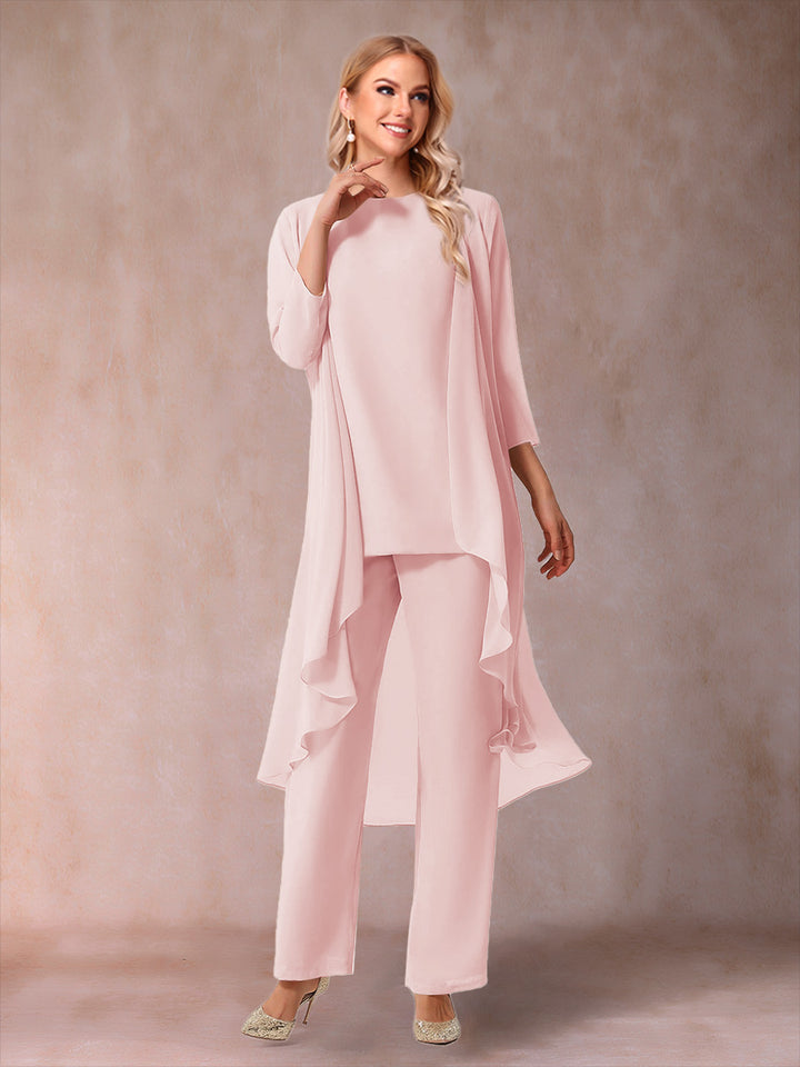 Chiffon Scoop 3/4 Sleeves 3 Pieces Pantsuits with Ruched &amp; Jacket