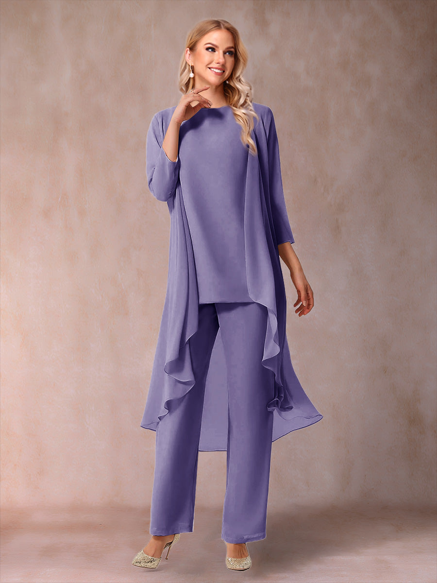 Chiffon Scoop 3/4 Sleeves 3 Pieces Pantsuits with Ruched &amp; Jacket